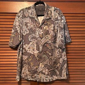 Tommy Bahama Paisley Print Gray Short Sleeve Button Down Silk Shirt XL